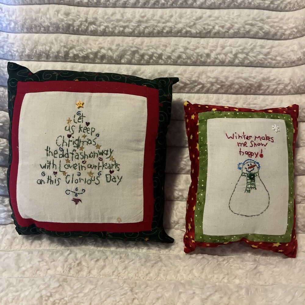 2 Vintage Needlepoint Pillows Let Us Keep Christmas in Hearts 7X7" Snowman 7X5"